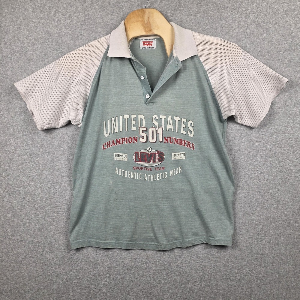 Levi's Polo Shirt Mens‎ Large Green 501 United States Mesh Raglan Graphic Sports